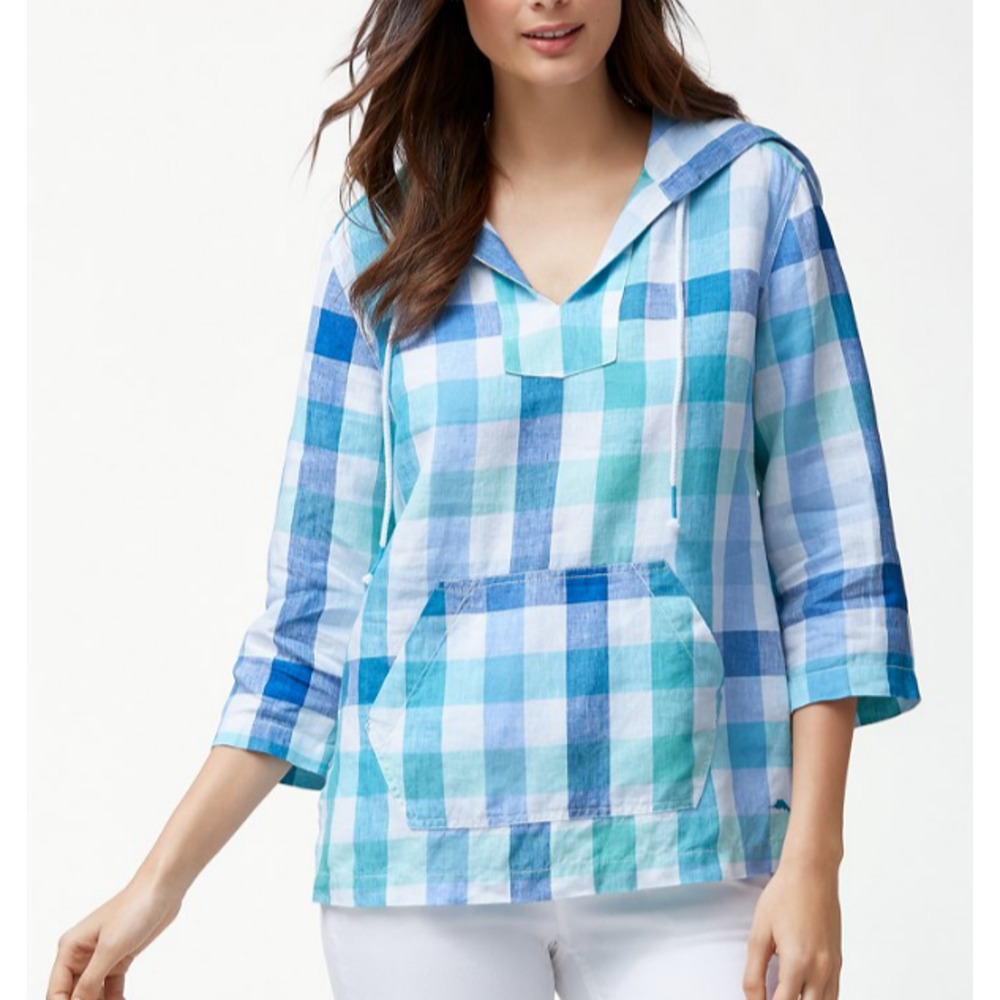Tommy Bahama Gingham Gables Baja Linen Hoodie Top Size Small Blue Beachy Summer